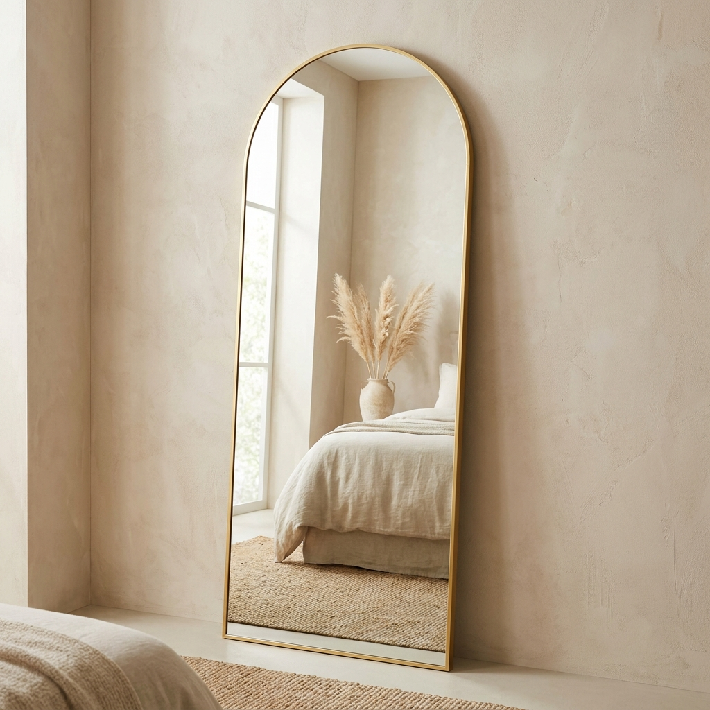Gold framed arched full-length floor mirror leaning against a bedroom wall
