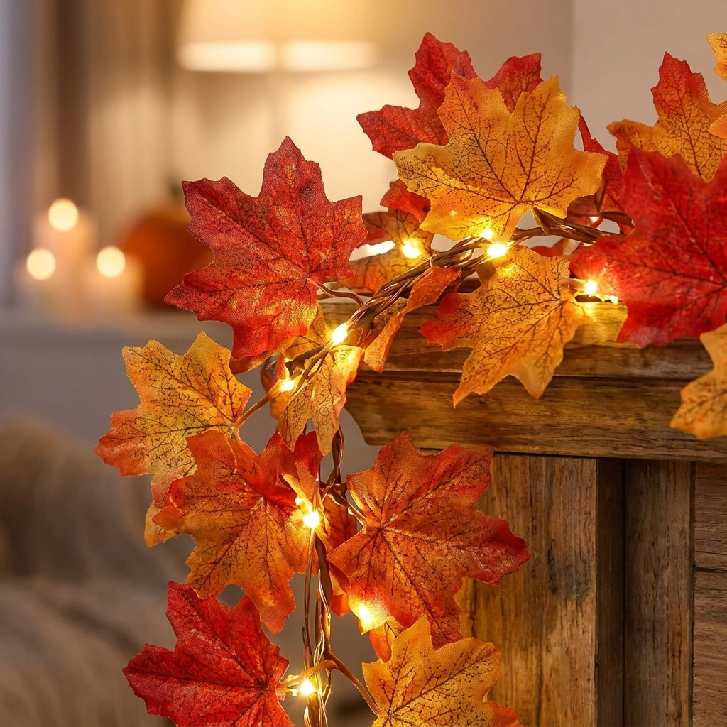 Close-up of fabric maple leaves and warm LED lights on the vine