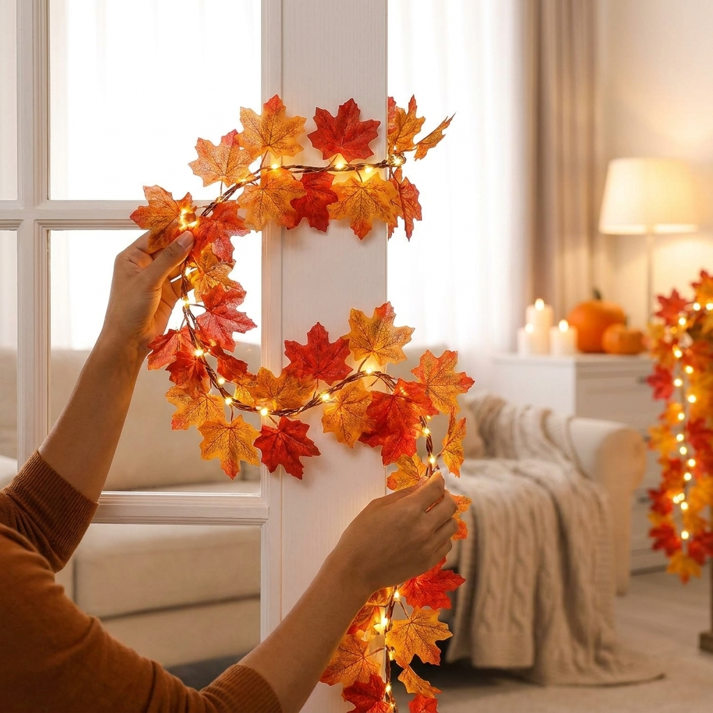 Hands shaping the flexible garland around a doorway