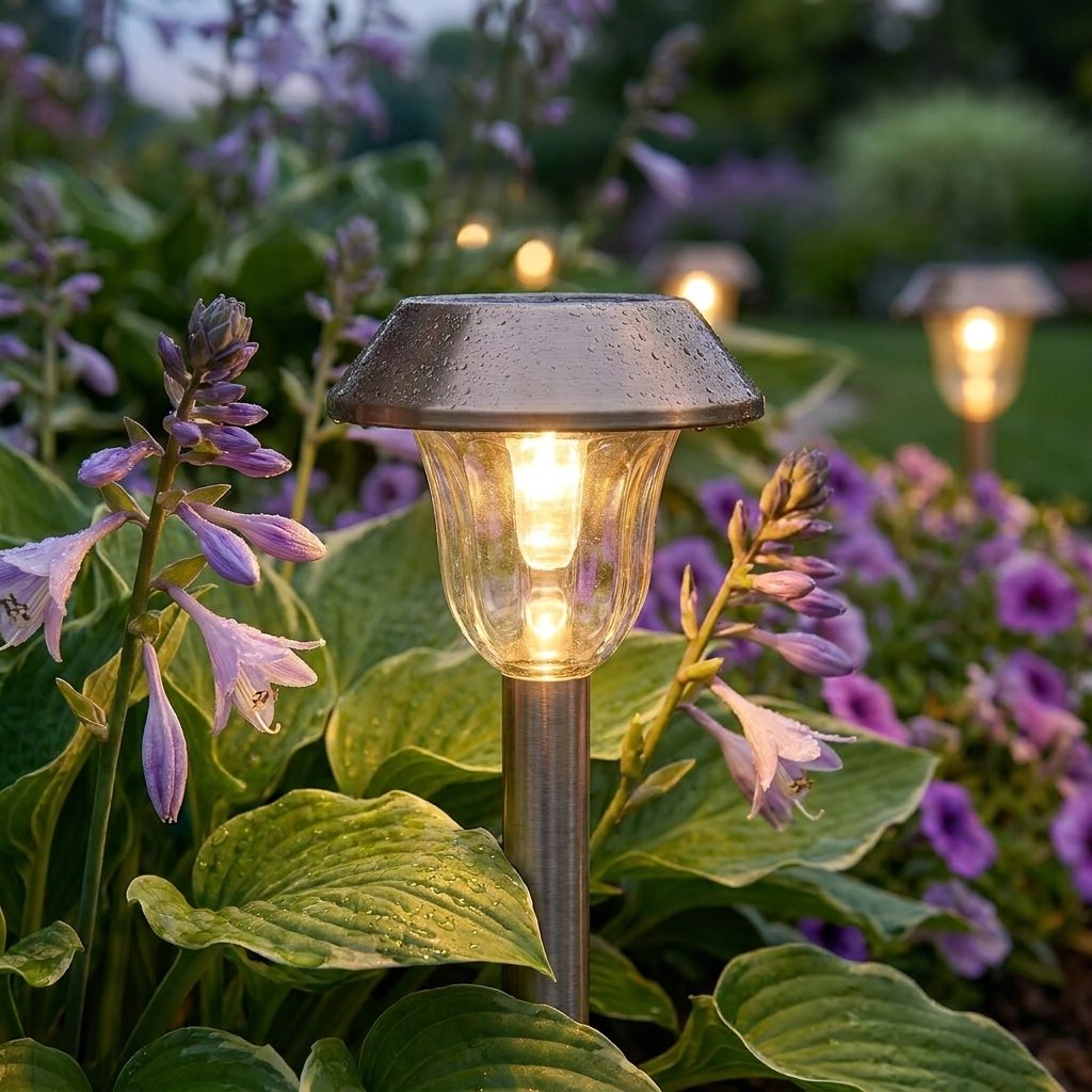 Close-up of the pathway light head glowing among garden plants
