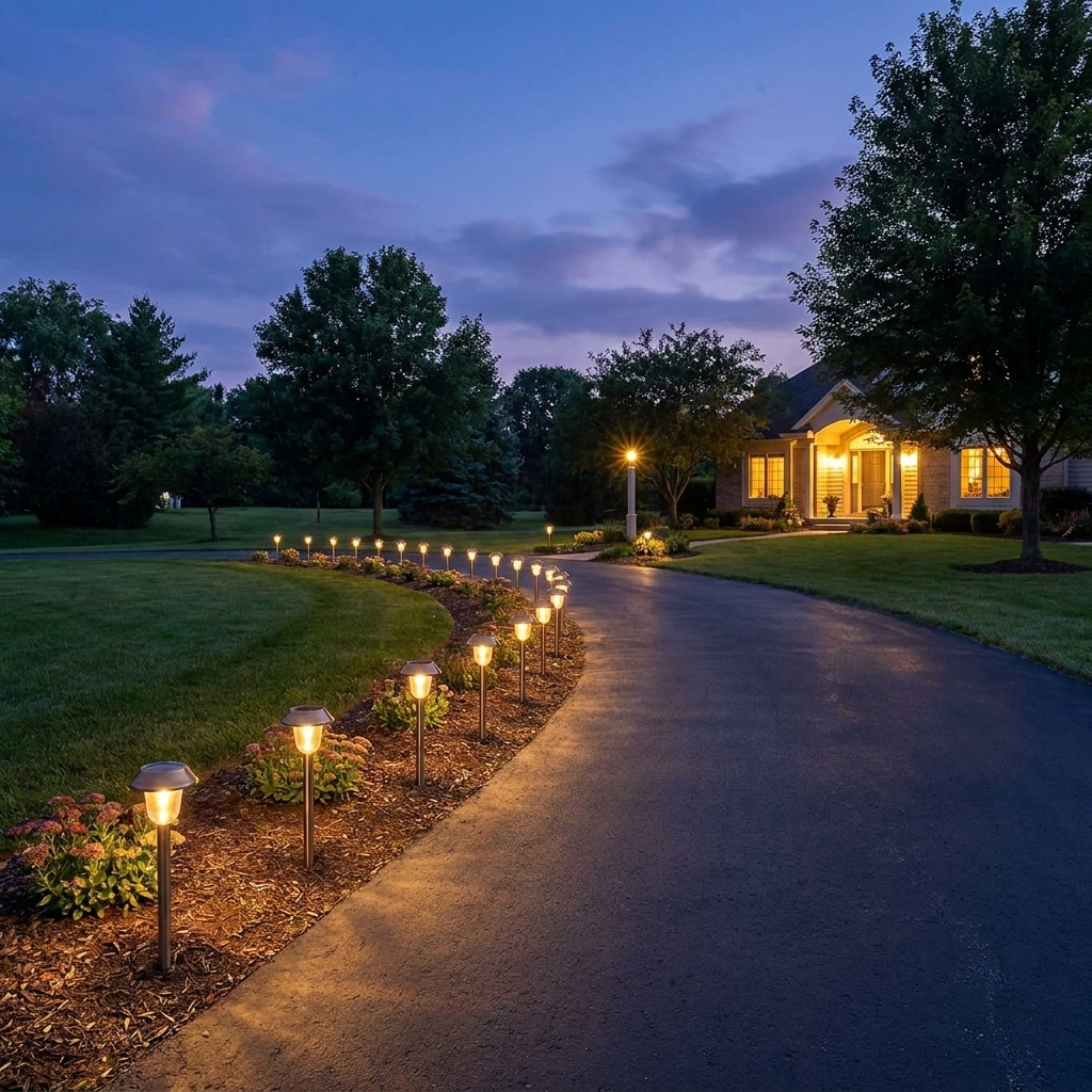 Driveway edge lined with the solar pathway lights at blue hour