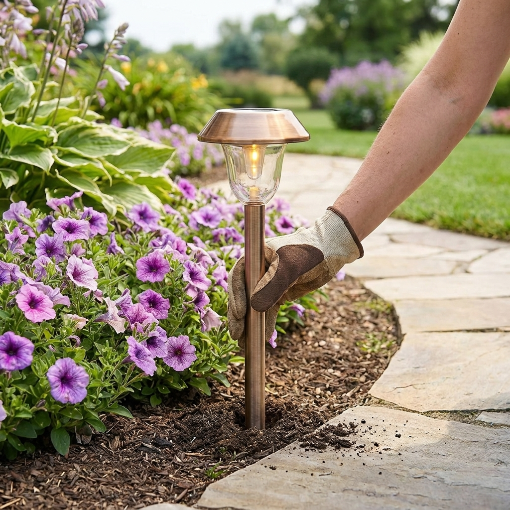 Hand pushing the stake into garden soil for easy install