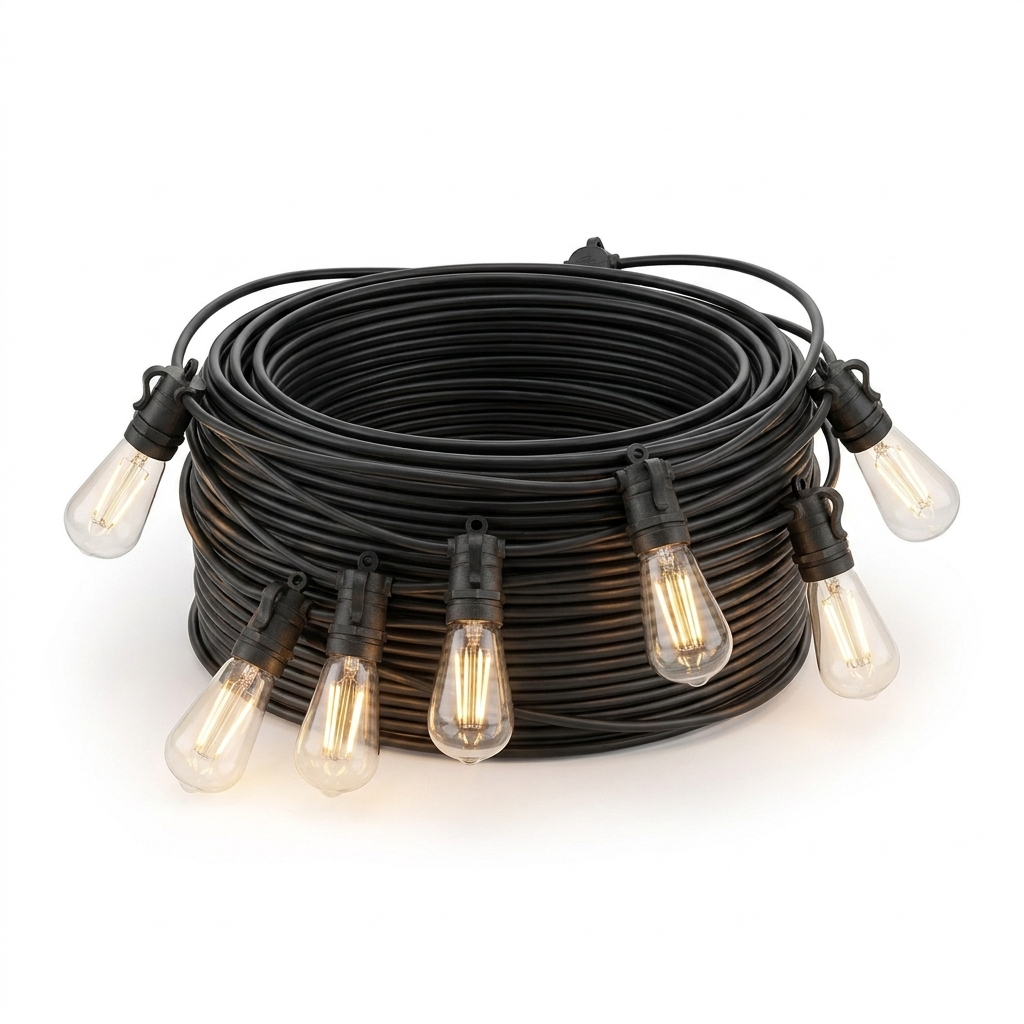 Coiled outdoor string lights studio photo on white background