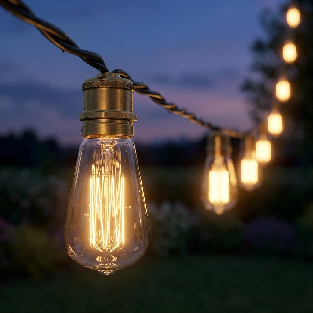 Close-up of a glowing Edison bulb at dusk