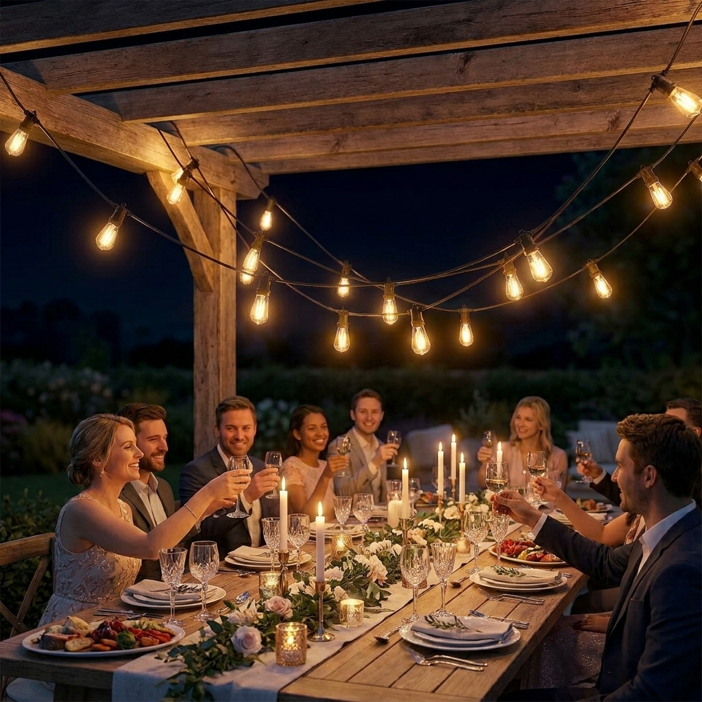 String lights over a pergola dinner table at night