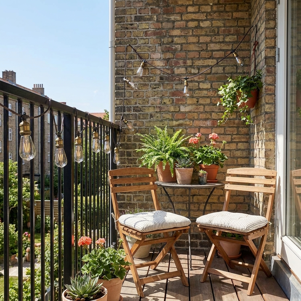 Balcony with string lights in daylight showing build quality