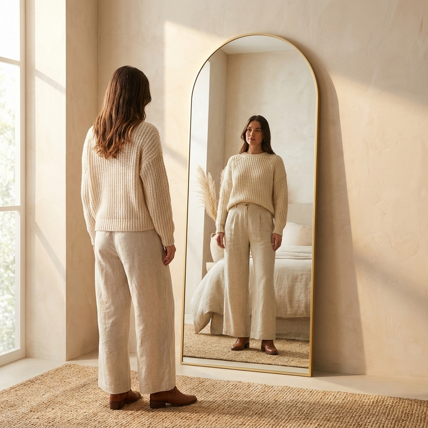 Woman checking her full outfit showing the mirror's 64-inch height