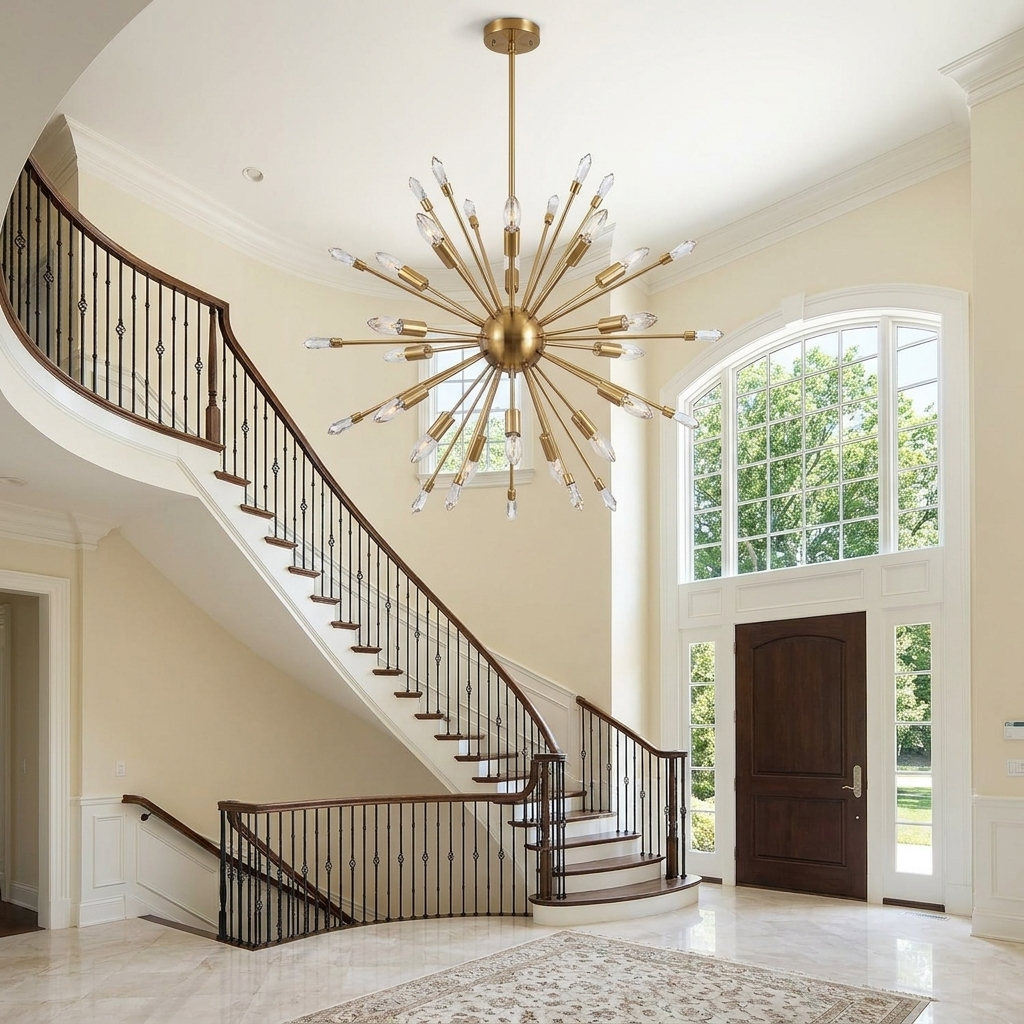Sputnik chandelier at statement scale in a two-story foyer