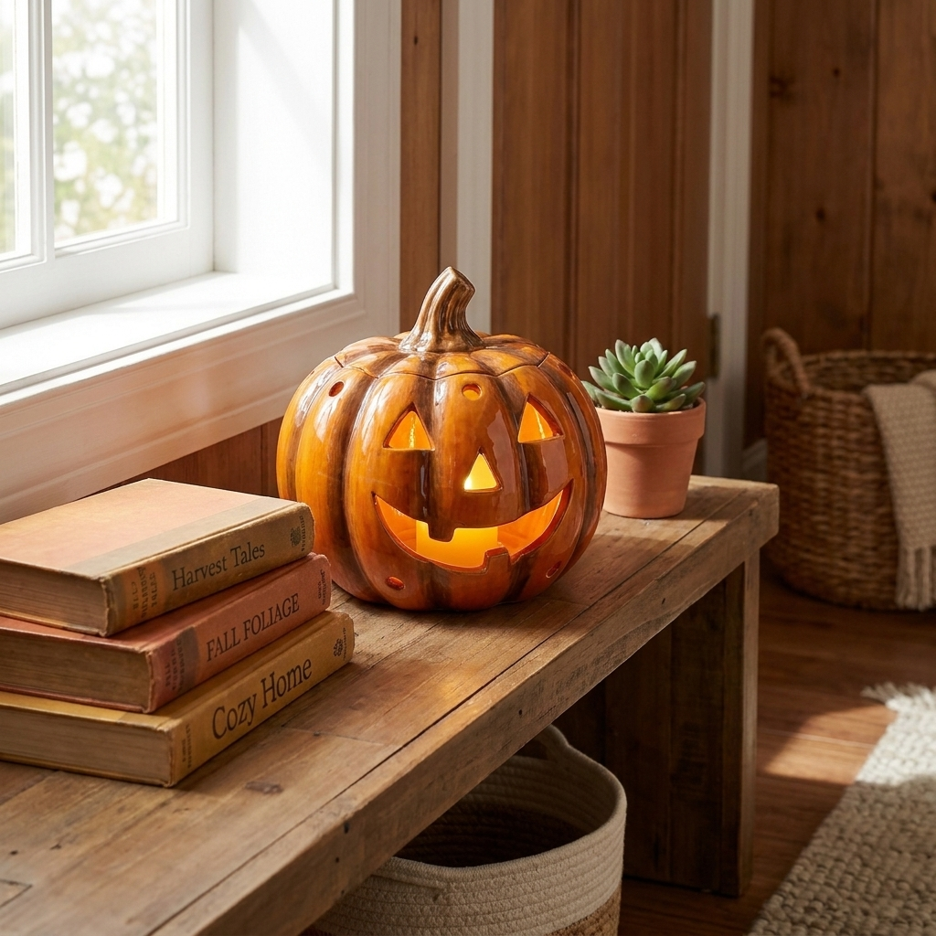 Jack-o'-lantern lamp on an entryway shelf for scale