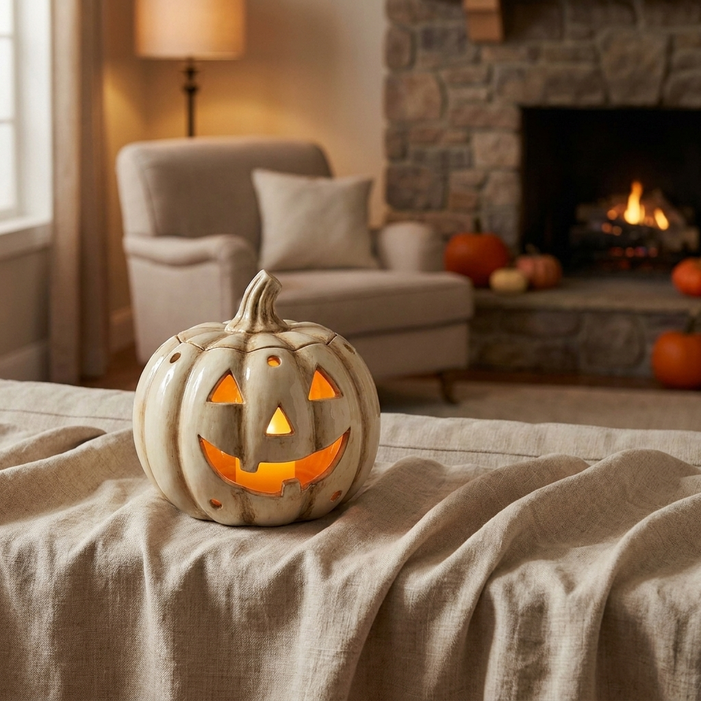 Antique Cream colorway of the ceramic jack-o'-lantern lamp