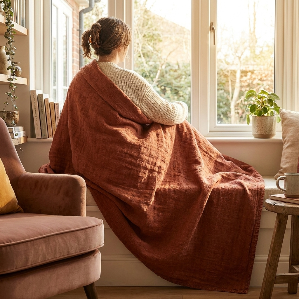 Person wrapping the oversized rust linen throw for scale