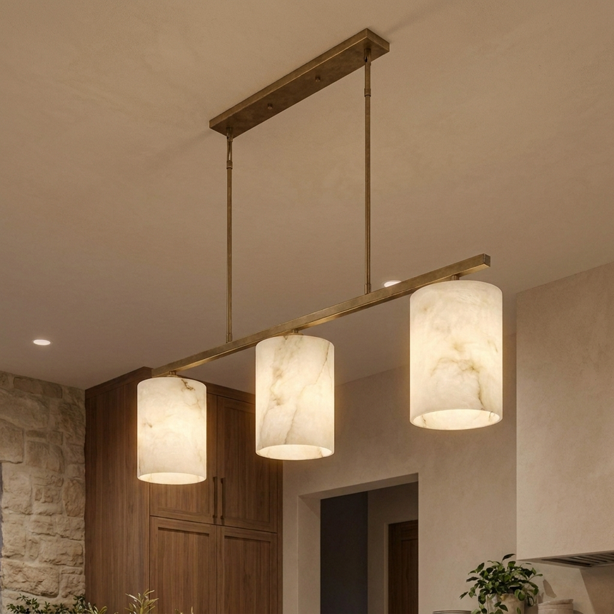 Three-quarter angle of the alabaster linear chandelier frame