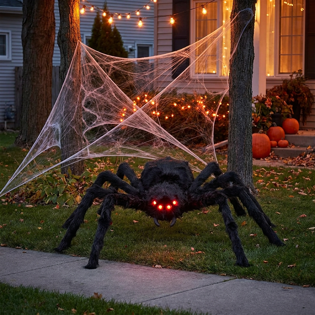 5 ft giant black furry Halloween spider on a lawn