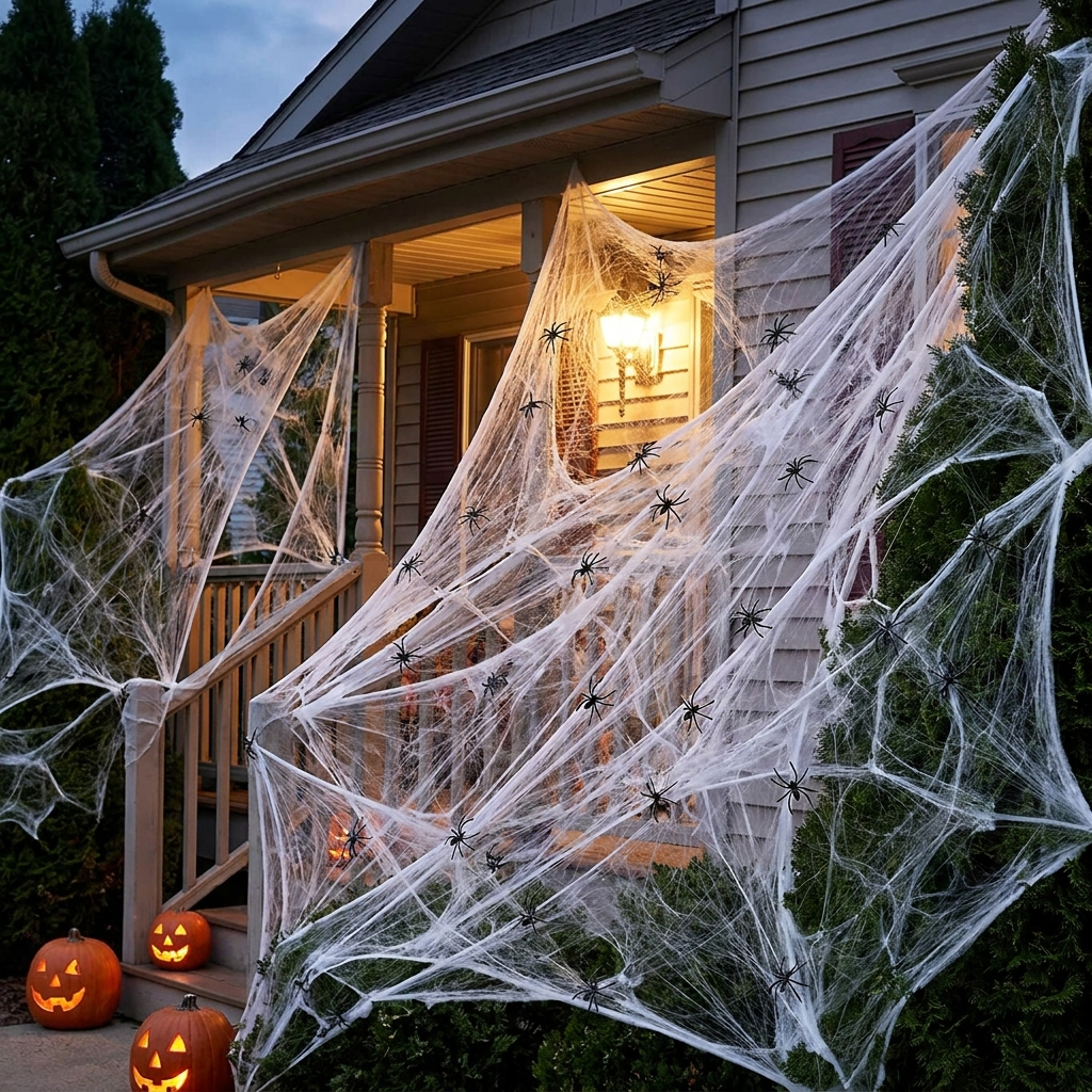 Bulk stretch cobweb draped over a porch with dozens of spiders
