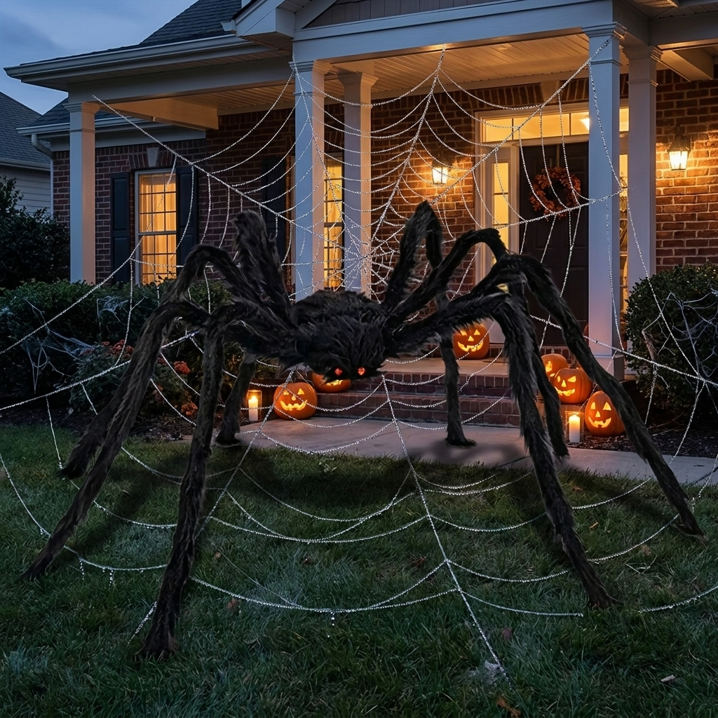 Giant spider on a stretched porch web
