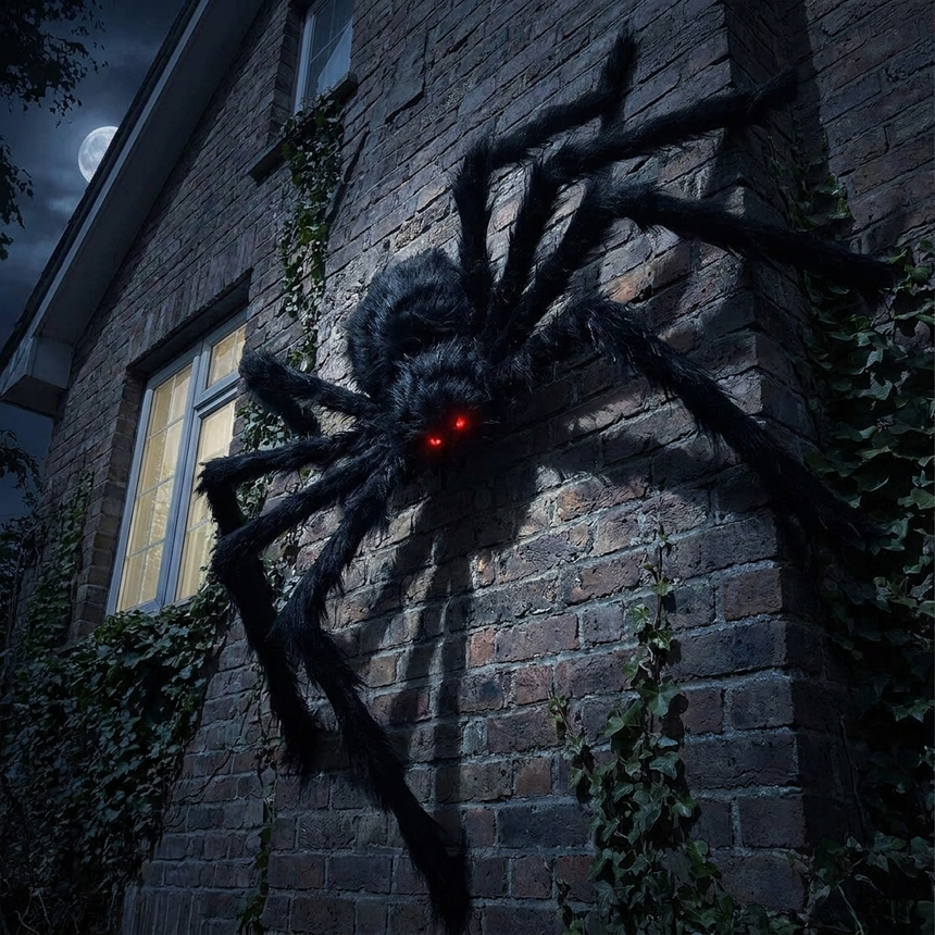 Black spider climbing a house wall at night