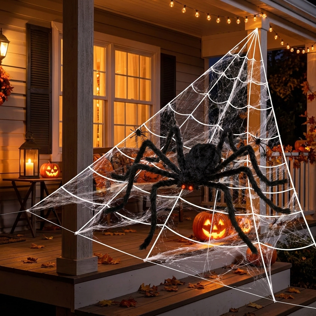 Triangular spider web on a house porch corner