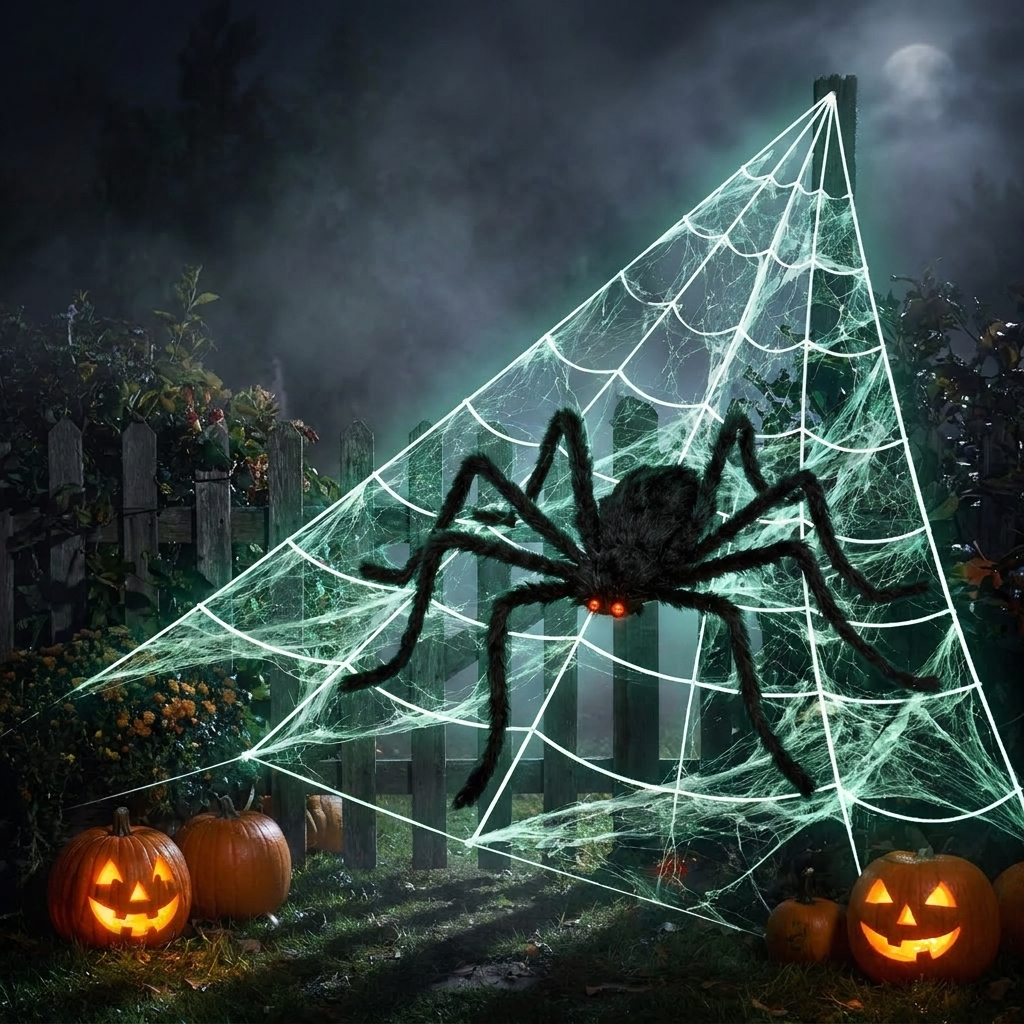 Triangular web over a garden fence at night