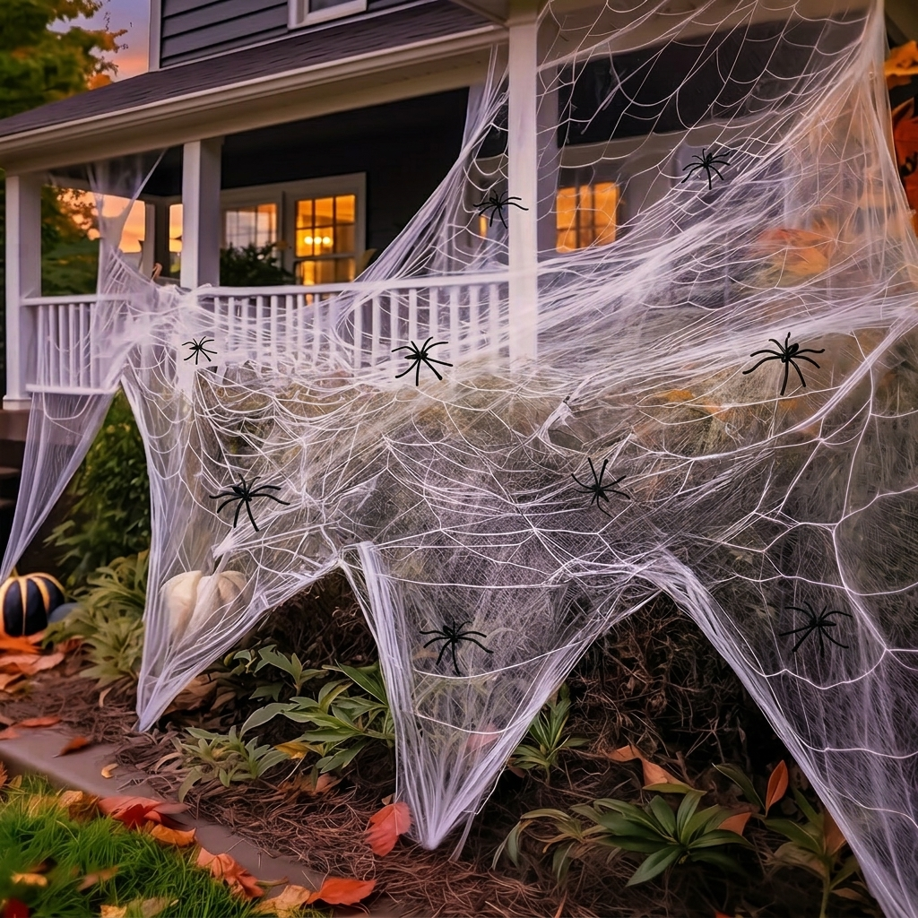 Stretch spider web across a doorway and bushes