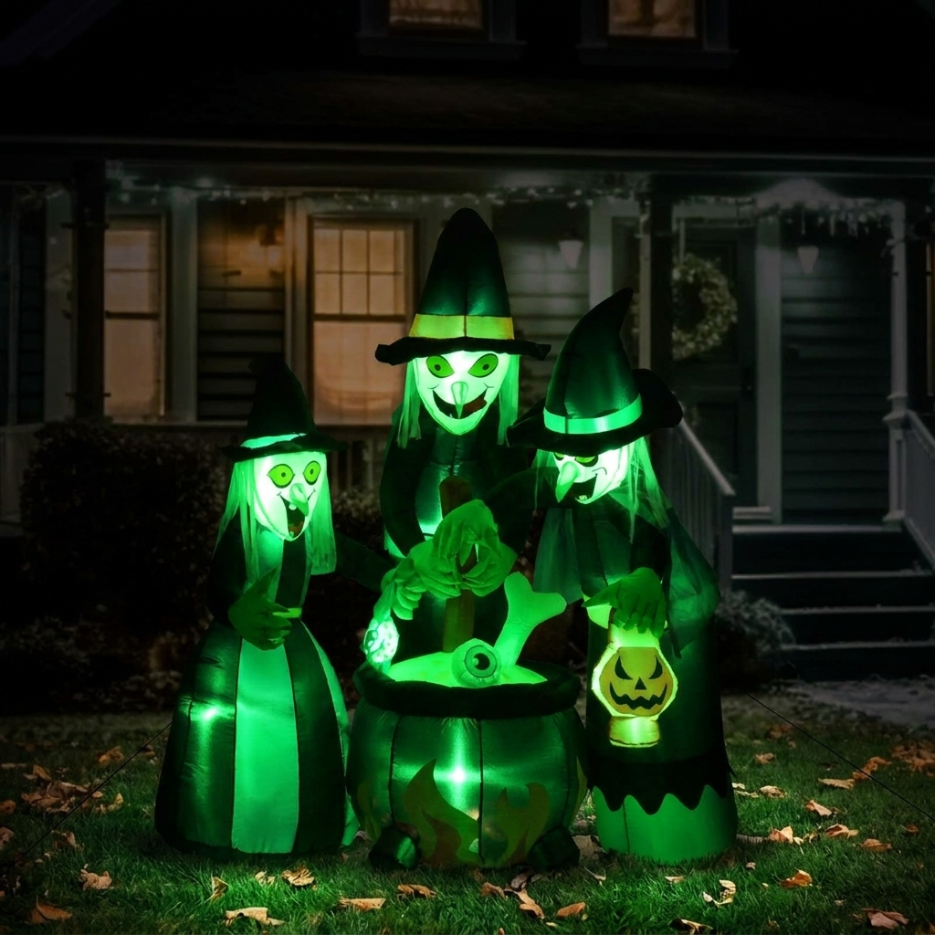 Inflatable cauldron glowing green on a lawn at night