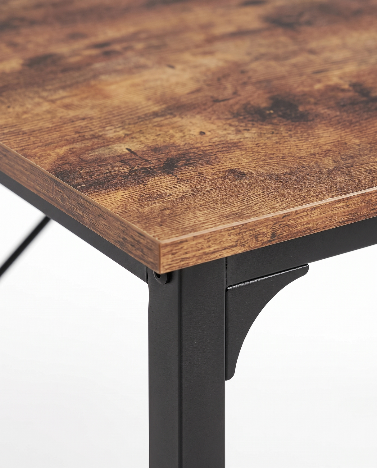 Meridian wood-grain corner and steel bracket, close-up