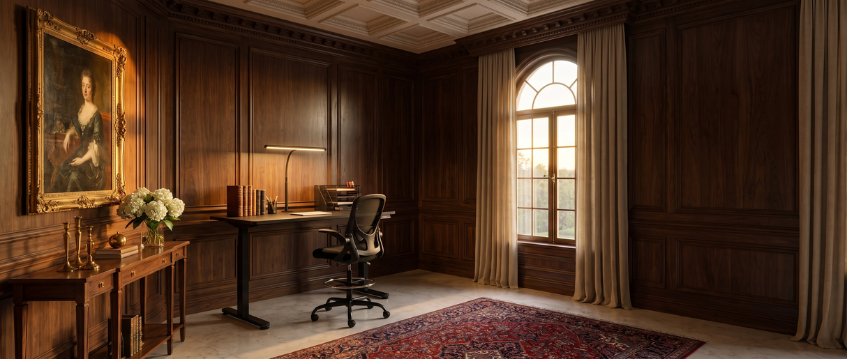 Altura standing desk in an opulent walnut-panelled home study with chair, lamp and organizer — lifestyle