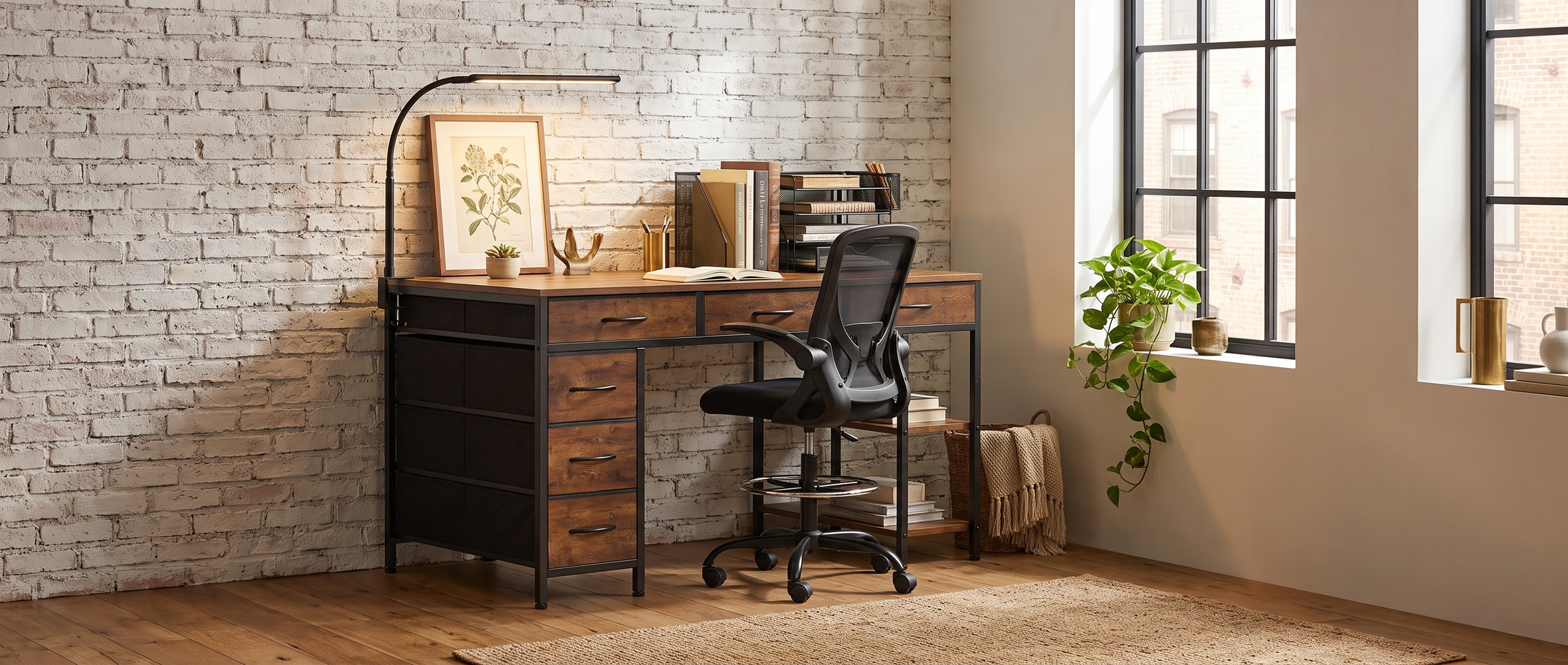 Atelier storage desk in a warm brick loft-study with chair, lamp and organizer — lifestyle