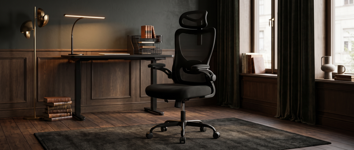 Aria high-back ergonomic chair in a moody executive study with standing desk, lamp and organizer — lifestyle