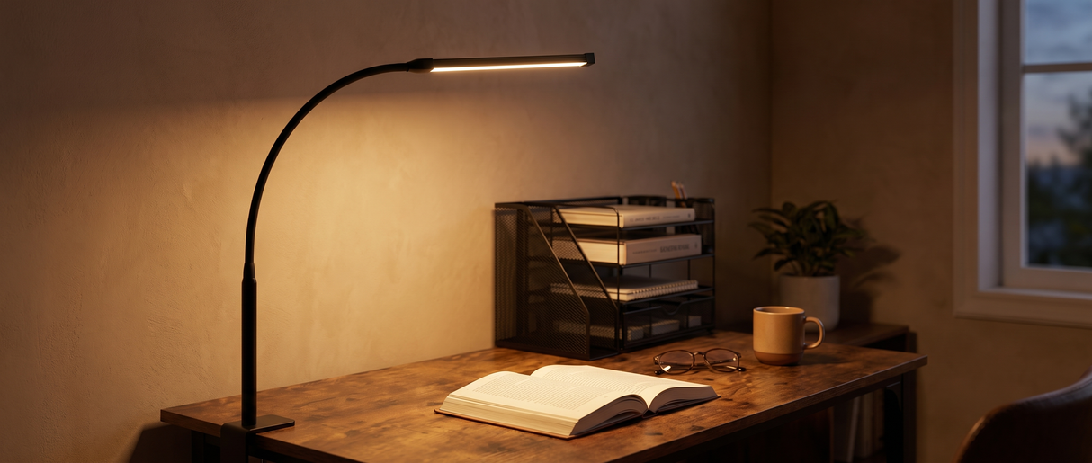 Arco clamp lamp arching over an open book on a rustic desk at dusk — lifestyle