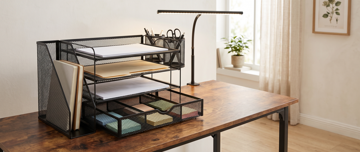 Ordine mesh desk organizer styled with papers and pens on a bright desk — lifestyle