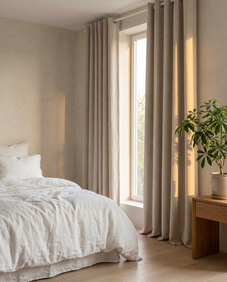 Linden beige blackout curtains on a bedroom window at dawn — lifestyle