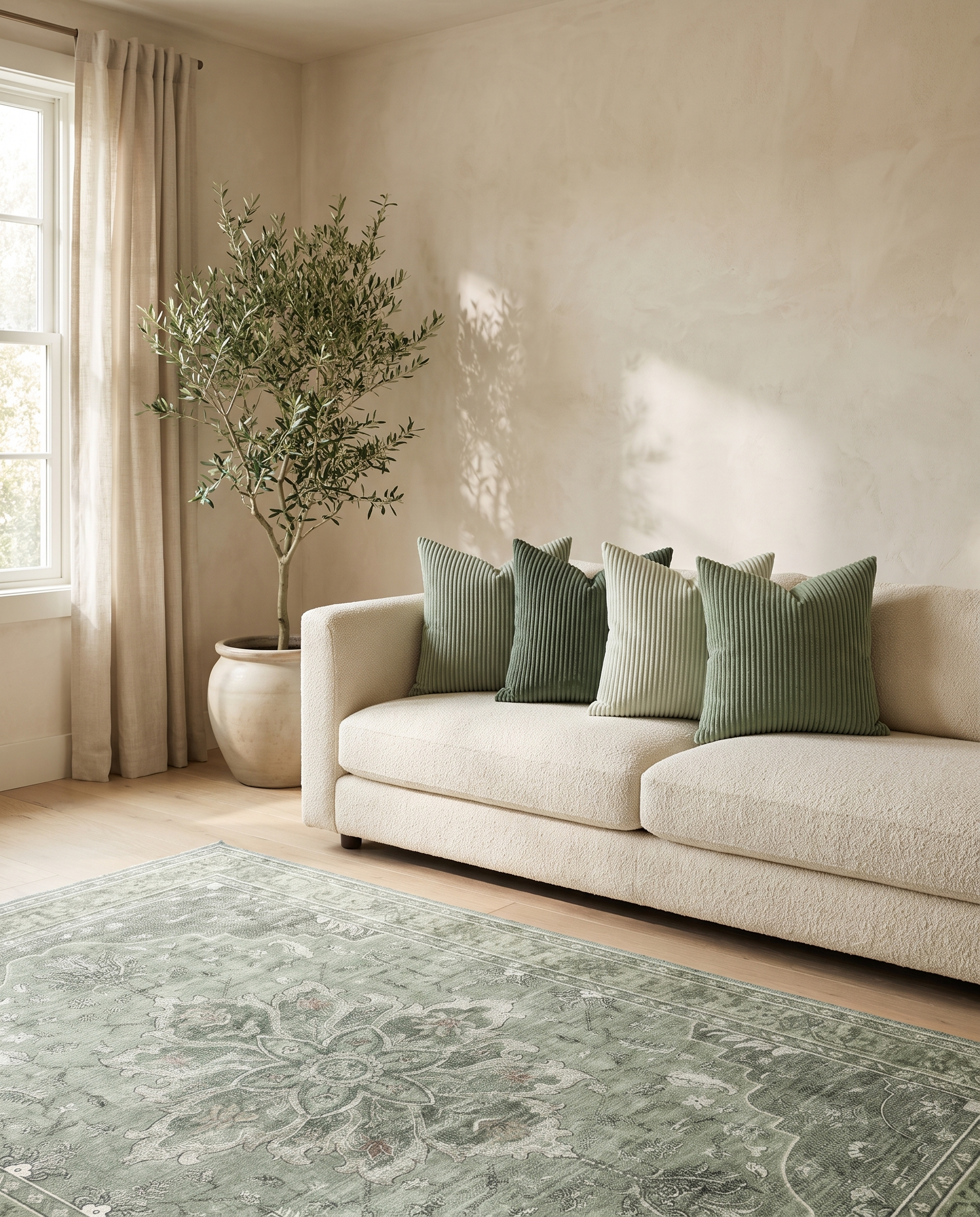 Sorrel sage pillows on a bouclé sofa with the Juniper rug — lifestyle