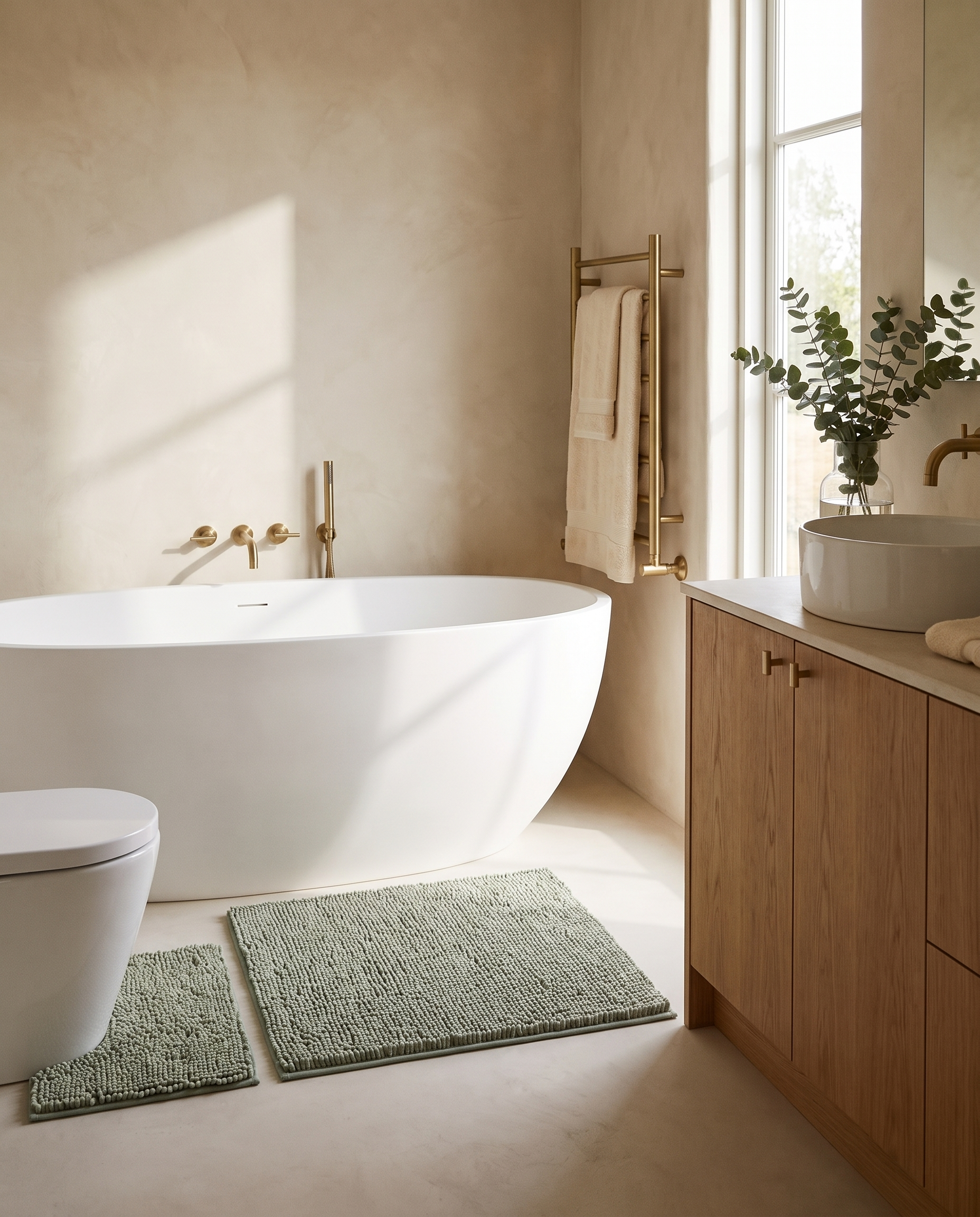 Pebble sage bath mats in a warm modern bathroom — lifestyle
