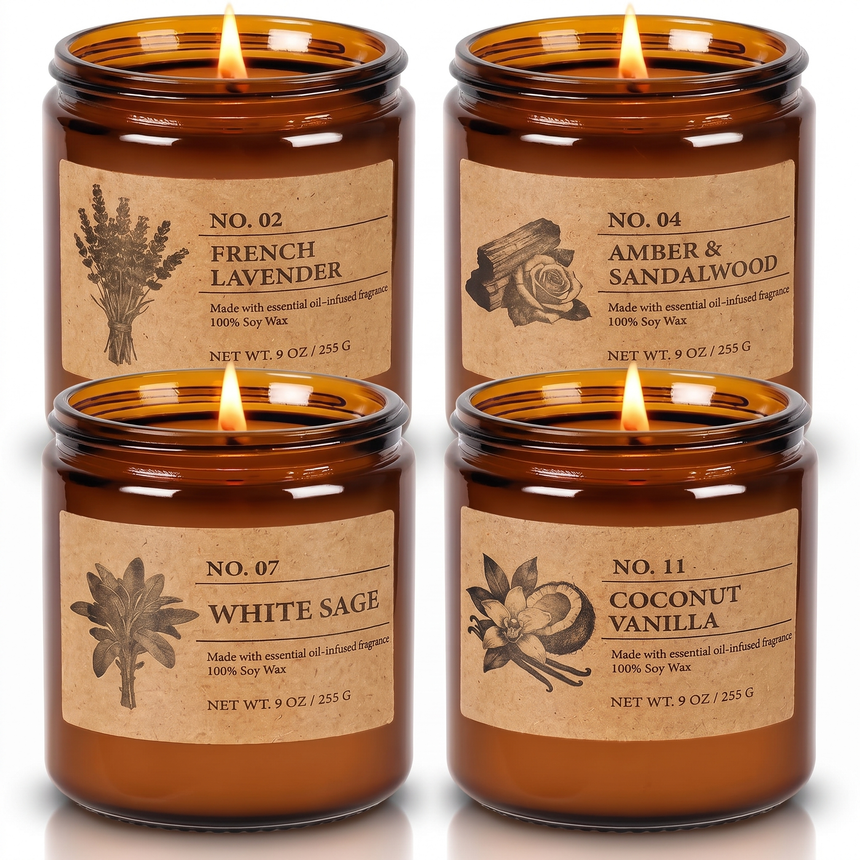 Hearth soy candle set of 4 amber jars, studio on white