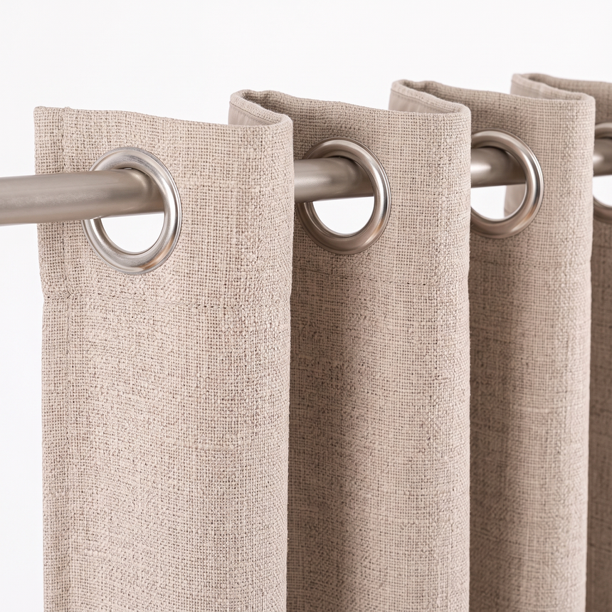 Linden curtain grommet header, close-up on white