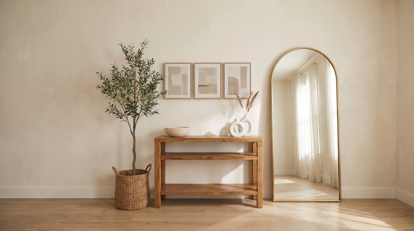 The Entryway shop the look — reclaimed wood console, olive tree, arched brass mirror, abstract art, ceramic vases and travertine bowl