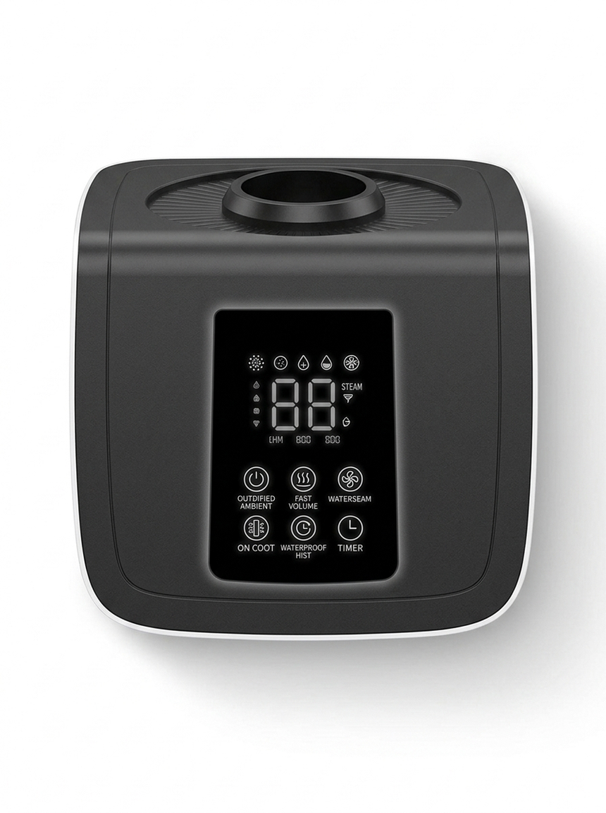 Humidifier top mist outlet and digital control panel close-up