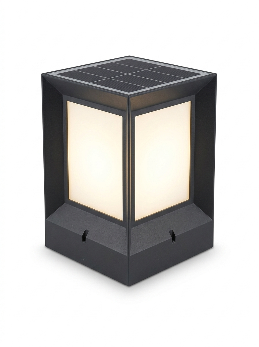 Modern square solar LED outdoor post light — studio white
