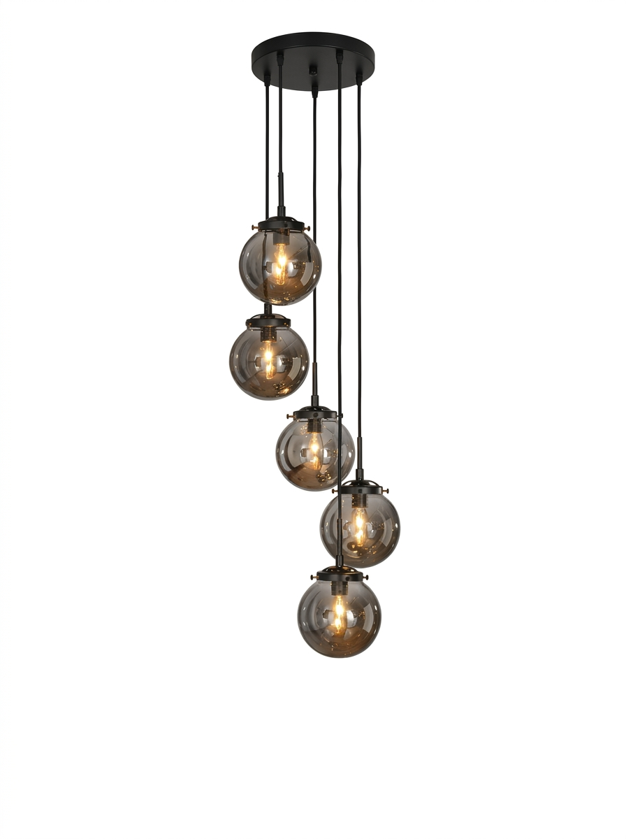 Matte Black Staircase Chandelier Smoke Globe Glass — studio white