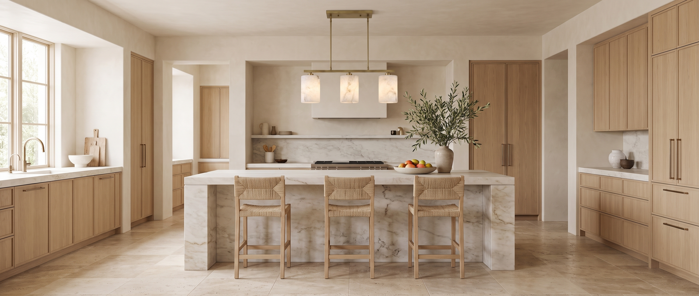 Alba alabaster chandelier over a warm marble kitchen island — lifestyle
