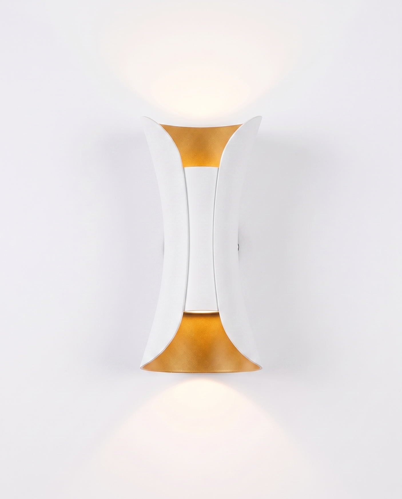 Marlow curved wall sconce, white with gold reflector, studio on white