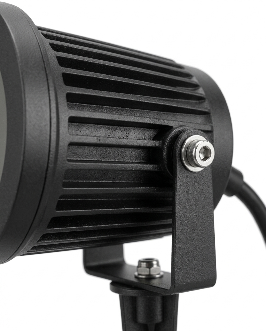 Delia spotlight finned heat-sink housing and tilt knuckle detail — studio white