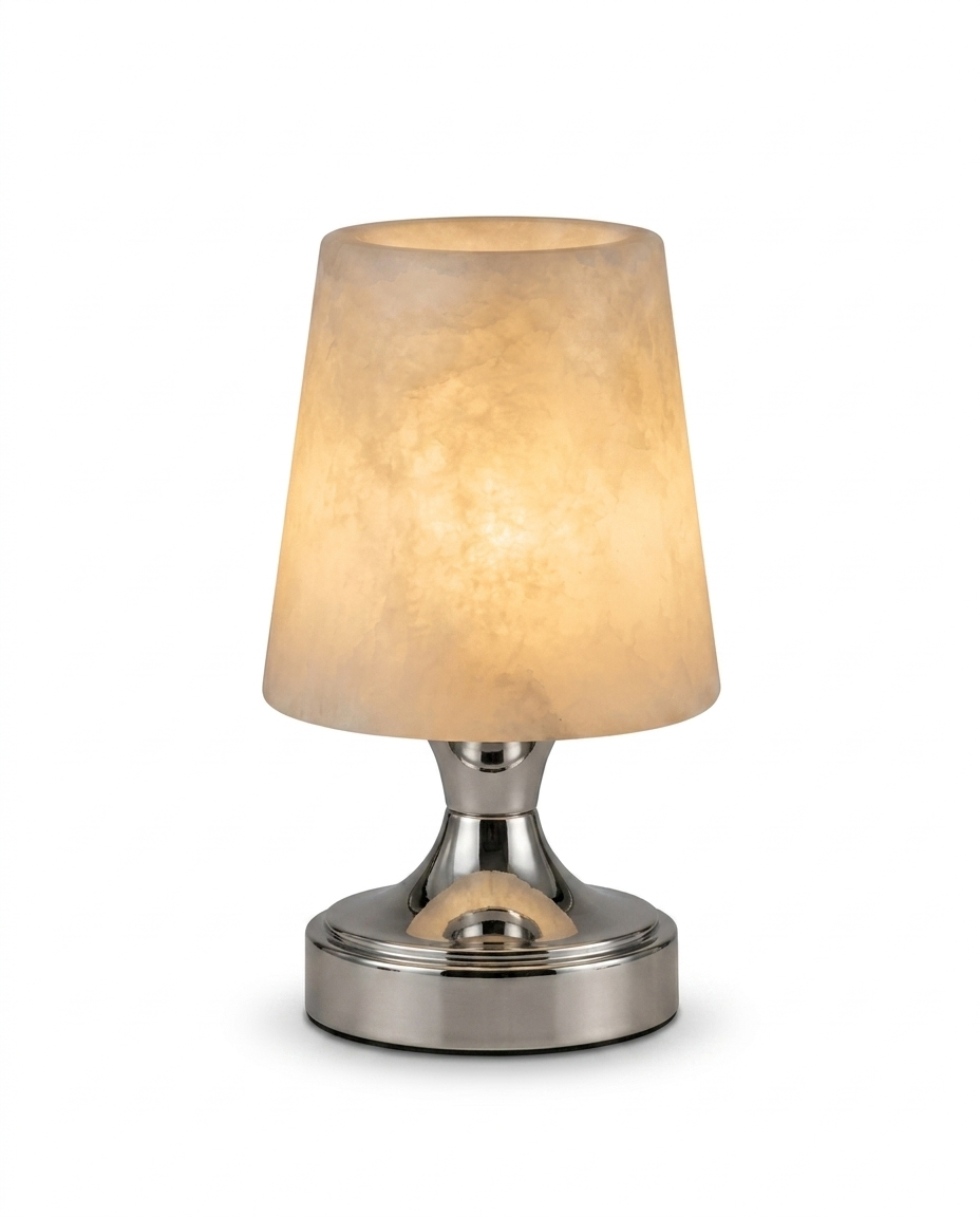 Linnea cordless alabaster mini table lamp in polished nickel on a studio white background