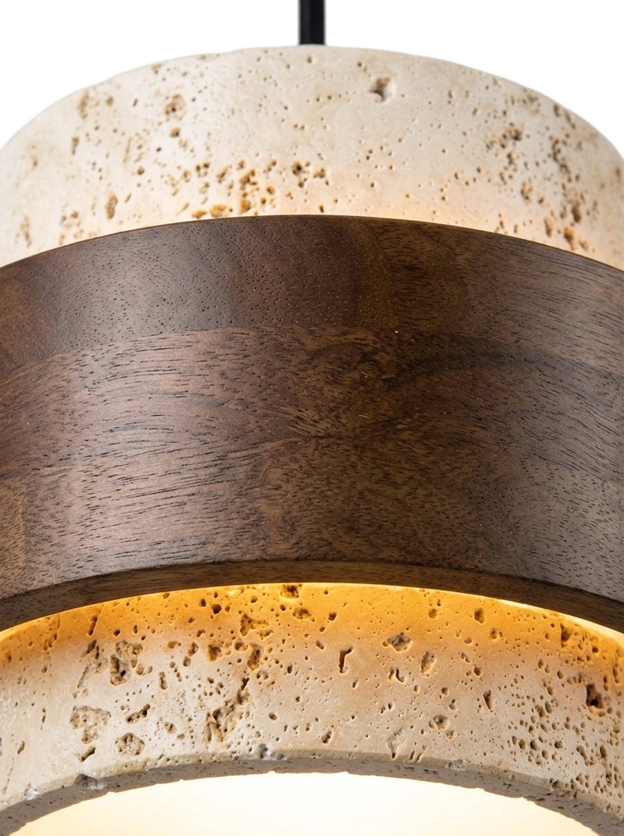 Close-up of the walnut wood band wrapping the travertine shade