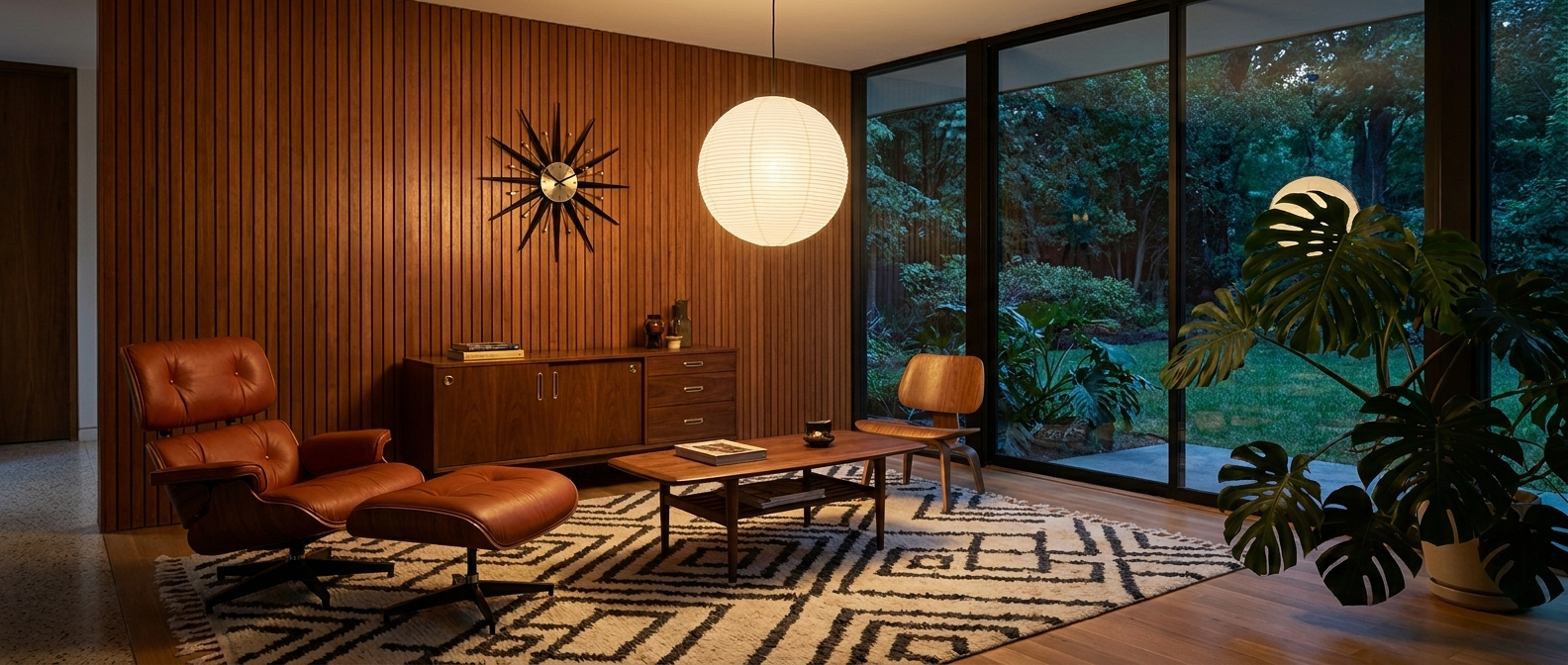 Birk paper lantern glowing in a bold mid-century modern living room lifestyle at dusk