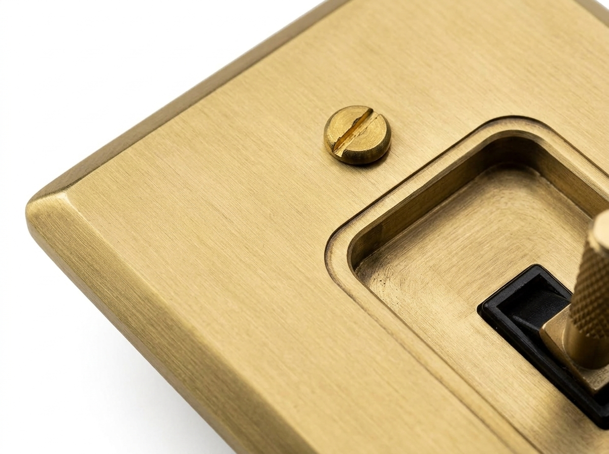 Ansel brass plate corner and slotted screw close-up