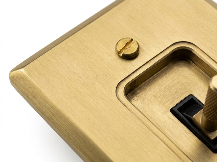 Ansel brass plate corner and slotted screw close-up