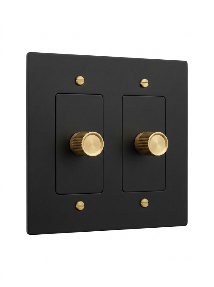 Rhone night black with brass rotary dimmer 2-gang
