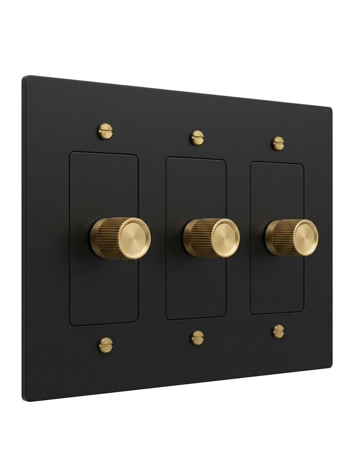 Rhone night black with brass rotary dimmer 3-gang