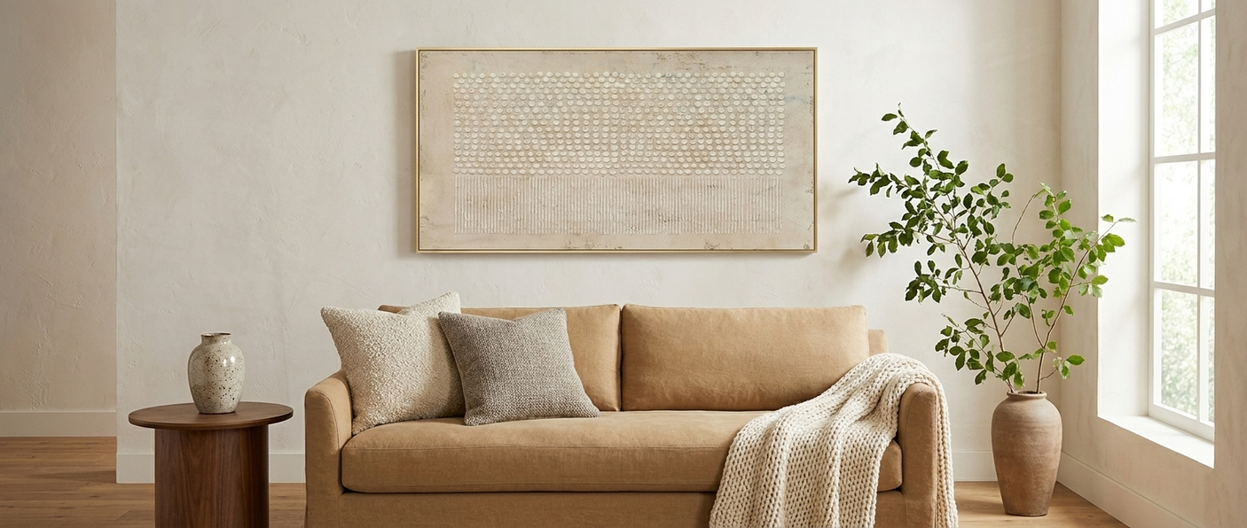 Dovre textured canvas framed above a linen sofa — lifestyle